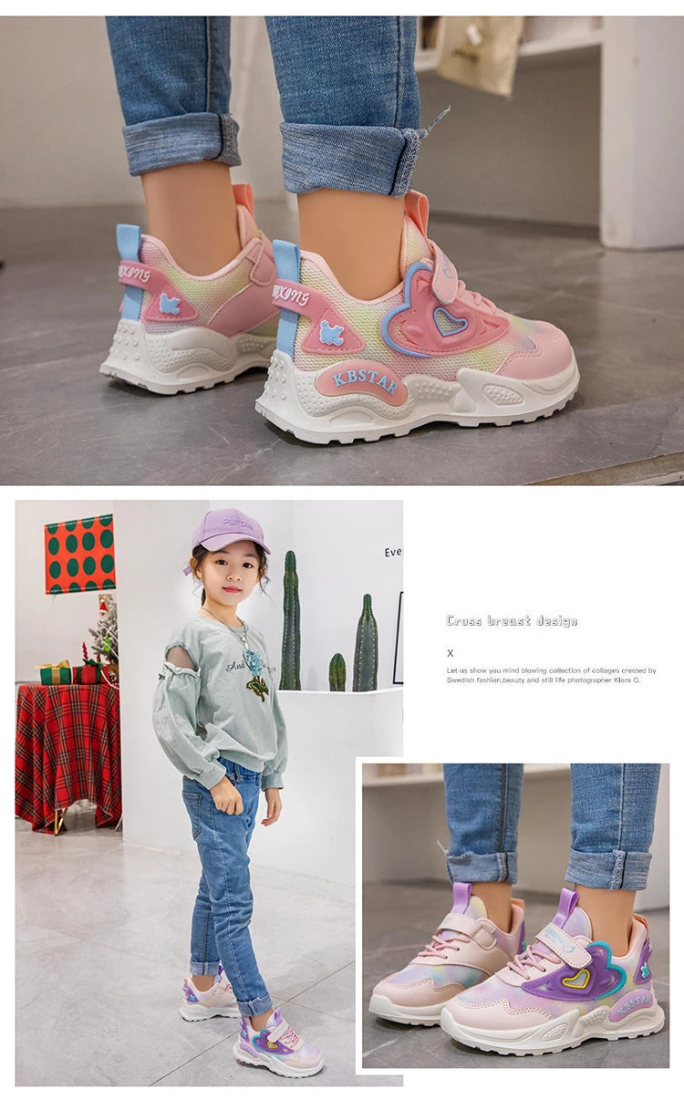 Girls Sports Shoes Kids Running Shoes Pink Breathable Air Mesh Heart Sweet Sneakers Cute Hook & Loop Children's Casual  Shoes.