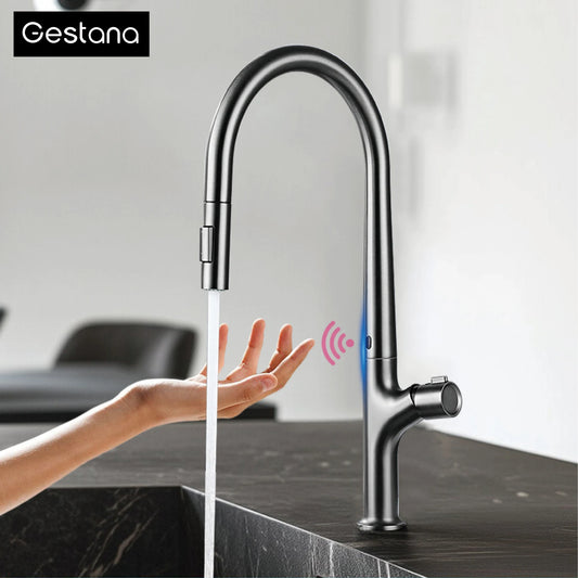 Modern style gun gray pull-out kitchen faucet with 1 handle for hot&cold water intelligent sensing and 2 functions for sink Tap