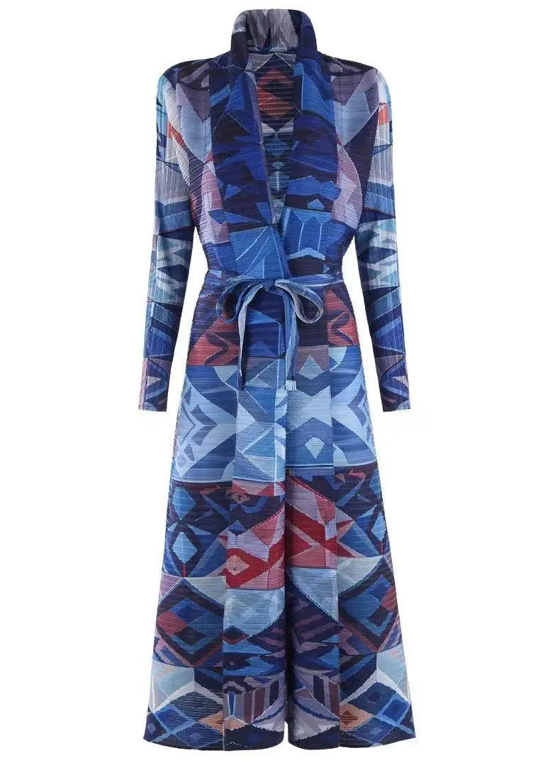 Abaya Miyake Pleated Printed Robe Jacket Arabian Dubai Style Women's Long Sleeve Conservative Demure Muslim Trench Coat 55inches