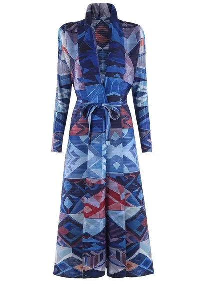 Abaya Miyake Pleated Printed Robe Jacket Arabian Dubai Style Women's Long Sleeve Conservative Demure Muslim Trench Coat 55inches