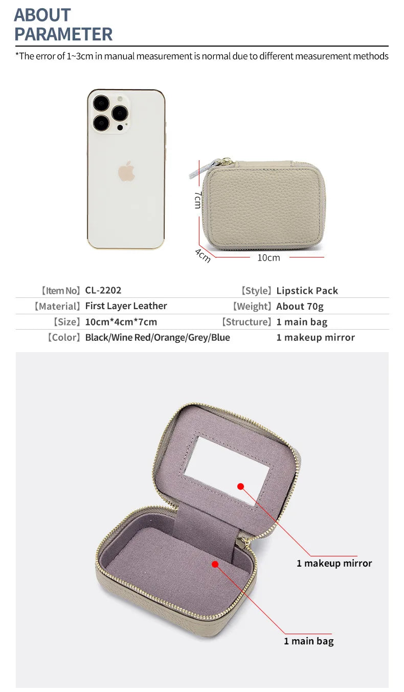 Lipsticks Case with Built-In Mirror Mini Cosmetic Bag Zipper Makeup Organizer Coin Pouch Travel Contact Lens Case Lipstick Purse.