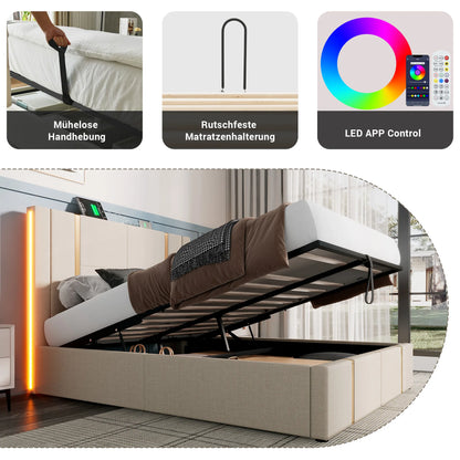 KOMHTOM Doppelbett- USB Type C Ladefunktion, APP-Control LED, Stauraumbettgestell, Leinenmaterial, ohne Matratze
