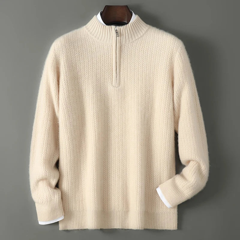 Men's 100% Merino Wool Thicken Sweater Half Zipper Mock Collar Pullover Autumn Winter Cashmere Knitwear Business Casual Clothing