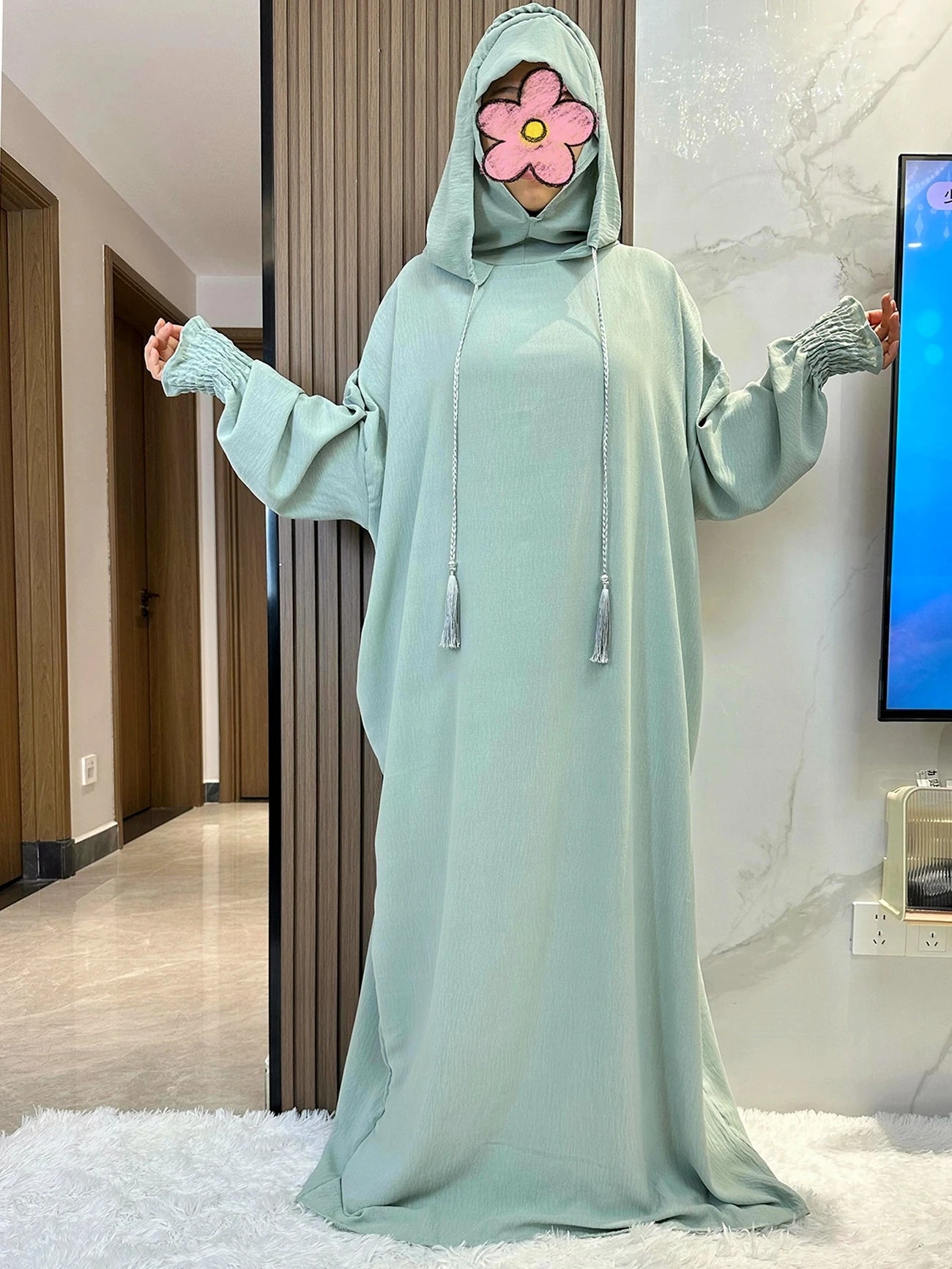 Muslim Abaya Solid Cotton Pullover Two Hat Women Eid Hooded Long Maxi Dress Turkey Kaftan Arab Robe Islamic Hijab Dubai Clothing
