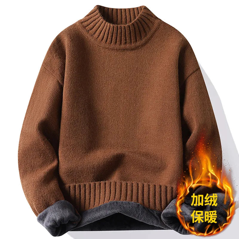 New Winter Men Mock Neck Turtlenecks Pullovers Fleece Warm Knitted Sweaters Good Quality Male Solid Outwear Casual Sweaters 3XL.
