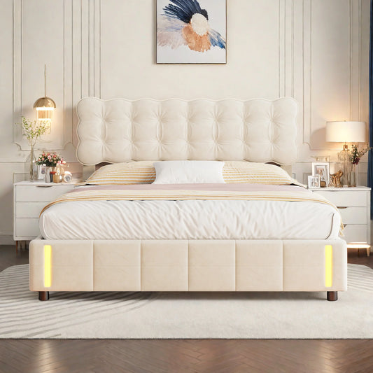 Rosahqnda Kissen Bett Kissen Bett mit Stimmungslicht, gepolstertes Bettgestell in Samtbeige, Kinderbett, ohne Matratze