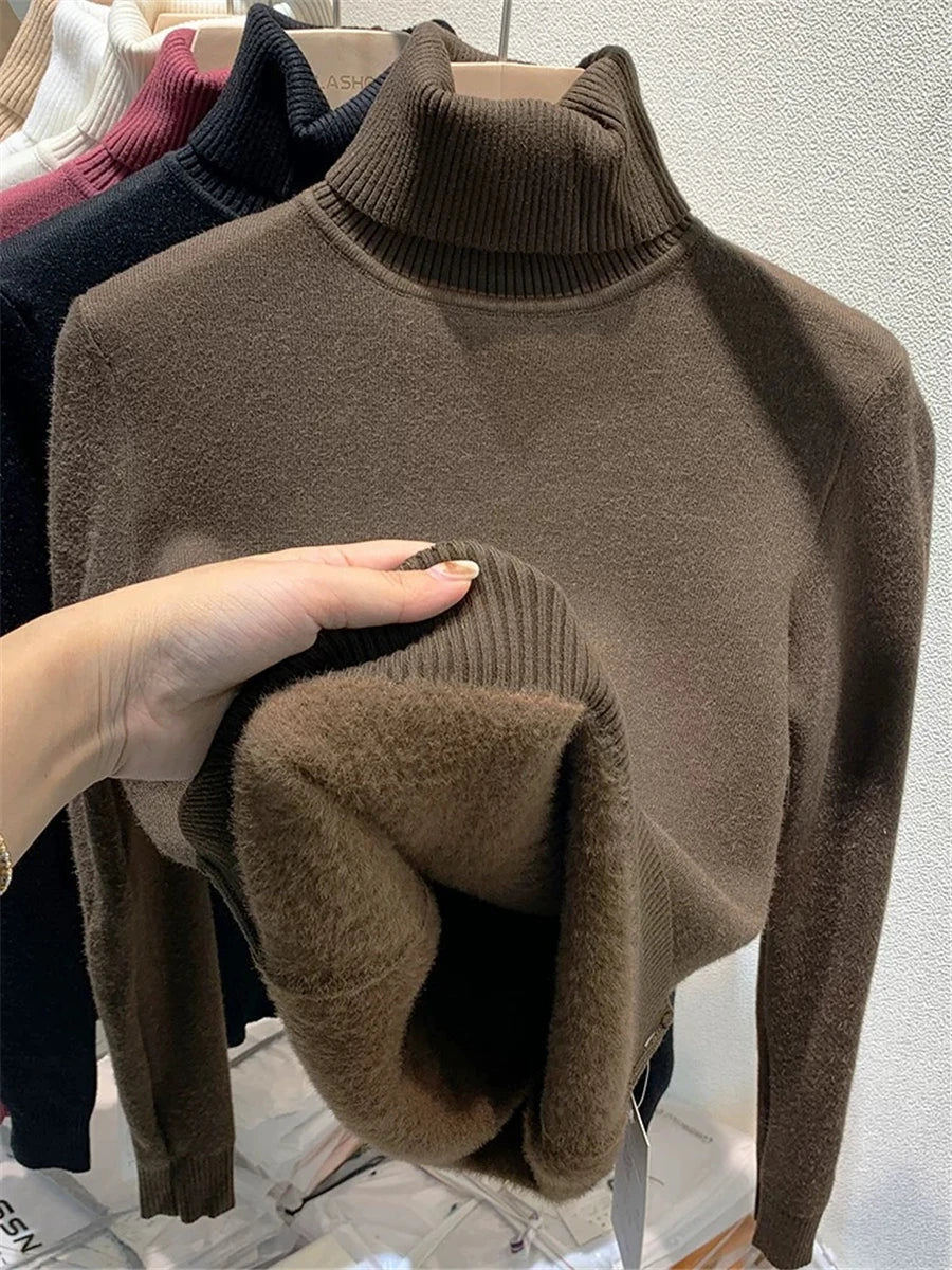 Rollkragen Winter Pullover Frauen Elegante Verdicken Samt Gefüttert Warme Sueter Gestrickte Pullover Schlank Tops Jersey Strickwaren Jumper Neue.