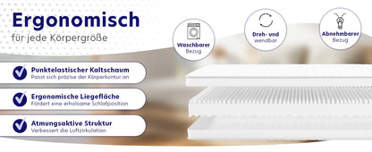 Ortho Kalschaummatratze, 7-Zonen-Matratze, Härte: H2 & H3, ÖkoTex gerollte Matratze (140 x 200 cm)
