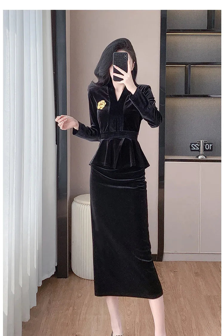 VigoAnne 2025 Solid V Neck Velvet 2 Piece Set Woman Long Sleeve High Waist Skirt Suits Lady Spring Autumn Korean Long Dress Suit.