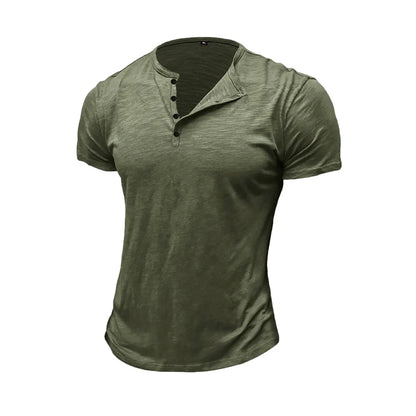 Summer Men's Cotton T-shirt Short-sleeve Henley Collar Casual Solid Color Button Tees Polo High Quality Male Cozy T-shirts.