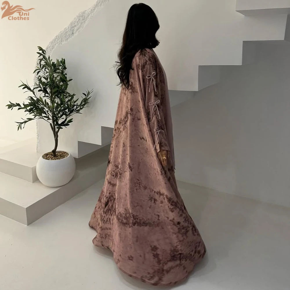 Ramadan Eid Tie Dye Butterfly Bow Muslim Modest Kimono Abaya Damen Dubai Luxury Islam Women Kebaya With Hijab Kaftan Robe Femme.