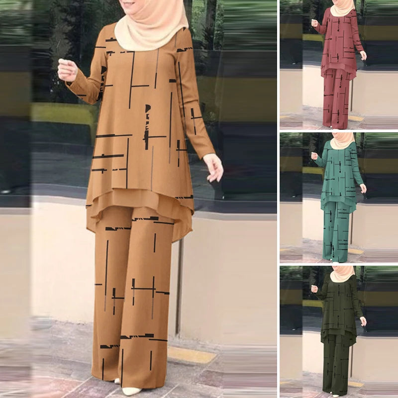 ZANZEA Muslim Women Pant Sets Islamic All-over Printed Long Top and Wide Leg Pant 2pcs Outfits Vintage Elegant 2-Pieces Suits.