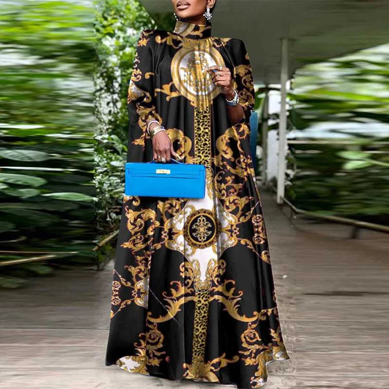Plus Size 5XL VONDA Women Party Sundress Bohemian Stand Collar Sleeveless Print Maxi Dress Casual Bat Sleeve Satin Long Vestidos.