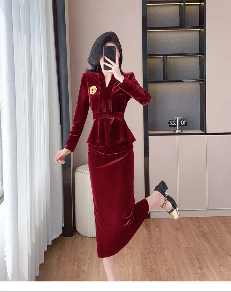 VigoAnne 2025 Solid V Neck Velvet 2 Piece Set Woman Long Sleeve High Waist Skirt Suits Lady Spring Autumn Korean Long Dress Suit