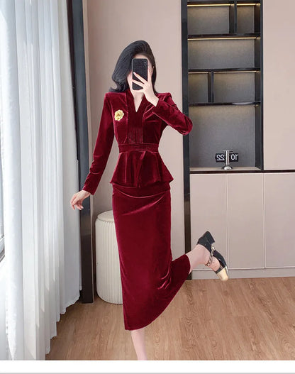 VigoAnne 2025 Solid V Neck Velvet 2 Piece Set Woman Long Sleeve High Waist Skirt Suits Lady Spring Autumn Korean Long Dress Suit