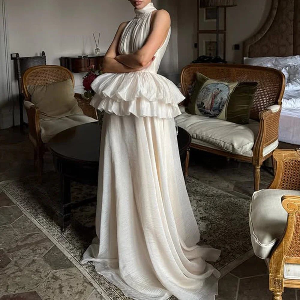 VGH Solide Abend Gespleißt Rüschen Maxi Kleider für Frauen High Neck Ärmellose Tunika Temperament Zeremonie Kleid Weibliche Kleidung.