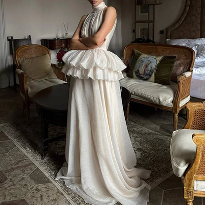 VGH Solide Abend Gespleißt Rüschen Maxi Kleider für Frauen High Neck Ärmellose Tunika Temperament Zeremonie Kleid Weibliche Kleidung.