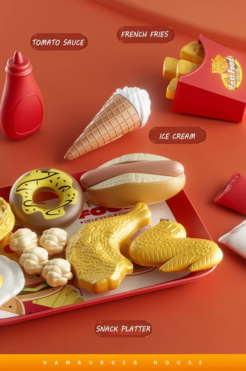 Kid Kitchen Toy Set Simulation Make Hamburger Pizza Fries Pretend Play Food Cooking Cutting Game Montessori Interactive Toy Gift.
