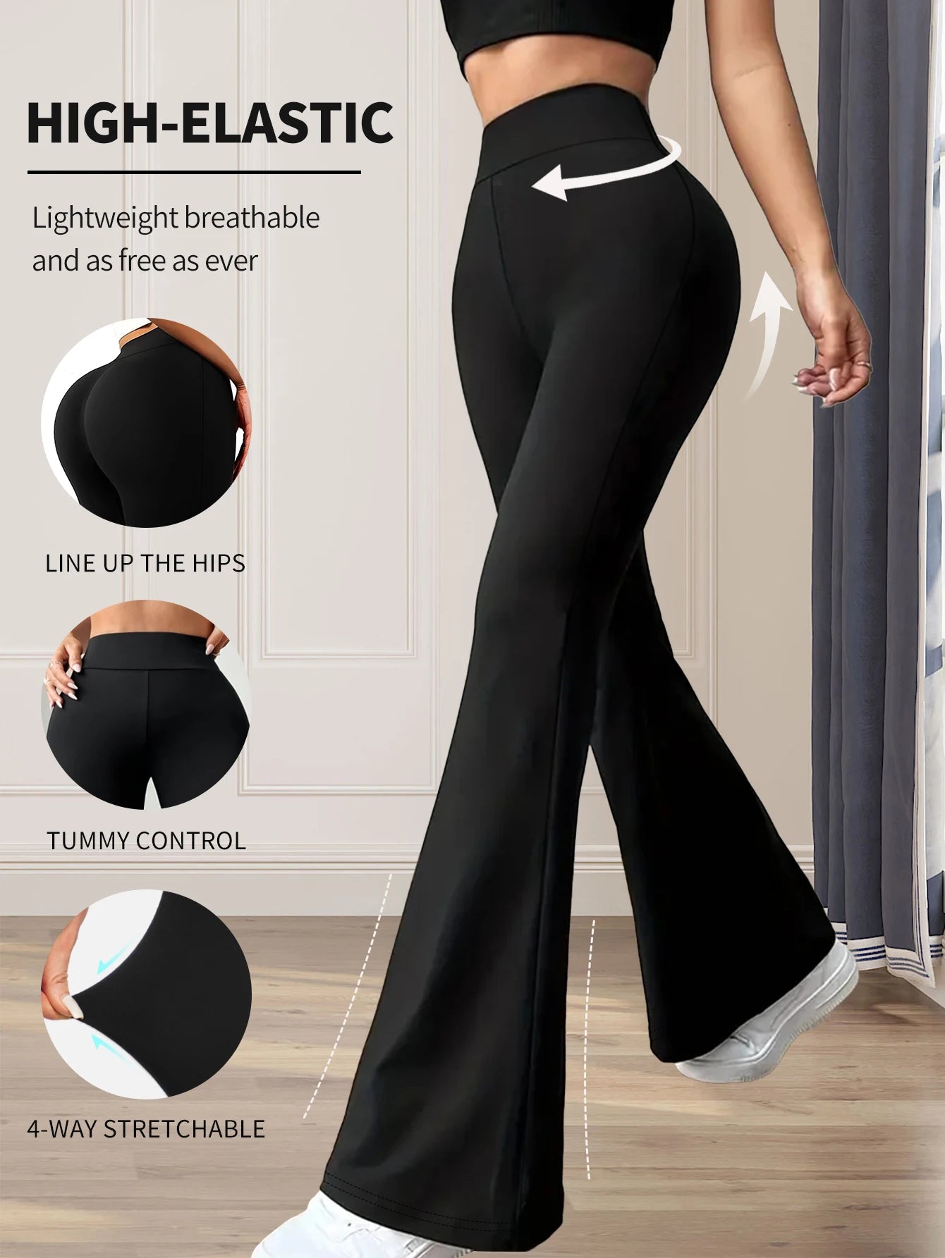 Eng anliegende Schlaghose für Damen im Frühling und Sommer mit hoher Taille, lange schwarze Hose mit schmalem Bein, dünne Hose mit weitem Bein für schlanke Frauen.