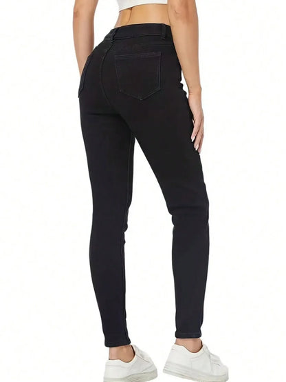 Casual Versatile Simple Solid Color Slim Fit Jeans High Waist Women's Denim Pants Fashionable Basic Style Imported from AE.