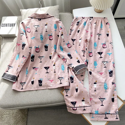2025 New Pajamas Suit Cotton 2 Piece Set Women Print Cartoon Nightwear Long Sleeve Trousers Set Autumn Loungewear Home Clothes.