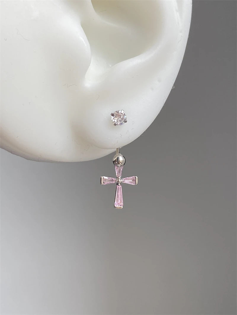 1PCS Pink Zircon Cross 316L Stainless Steel Annular Ear Bone Nail New Fashion U-shaped Earrings for Women Y2K Punk Jewelry.