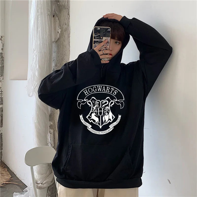 Fashion y2k Hogwarts Printed Hoodies Women Sweatshirt Autumn Winter Long Sleeves Plus Velvet Casual Loose Fleece Tops Oversized.
