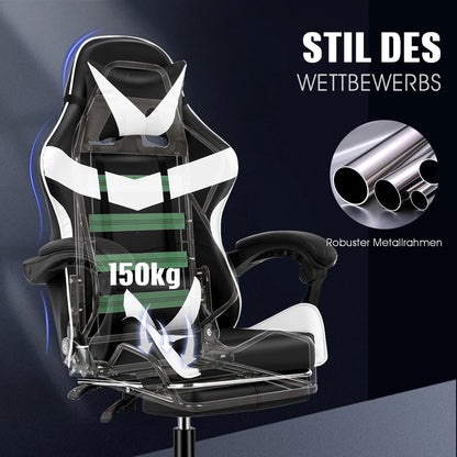 Bürostuhl Gaming Stuhl Massage Gaming Sessel Ergonomischer Gamer Stuhl mit Fußstütze, Kopfstütze Massage-Lendenkissen, Gepolstert Gaming Chair, Drehsessel Weiß