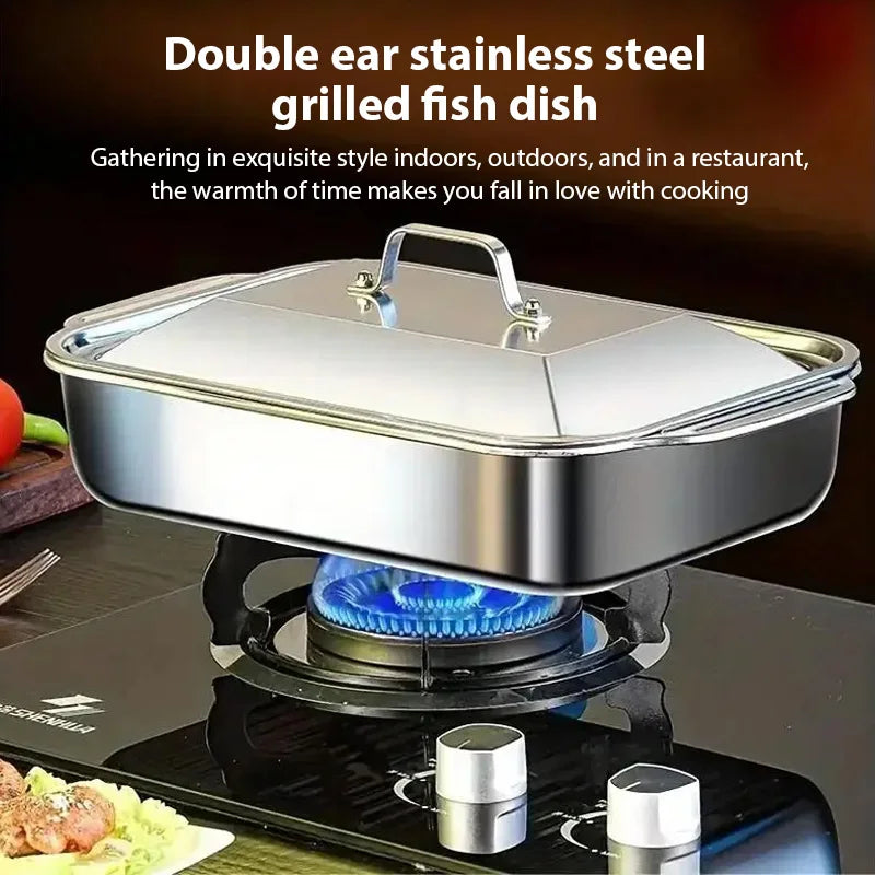 Stainless Steel Grilled Fish Pan Large Capacity with Lid Oven BBQ Plate Easy To Clean Rectangular Roaster Pan Fried Beef Seafood.