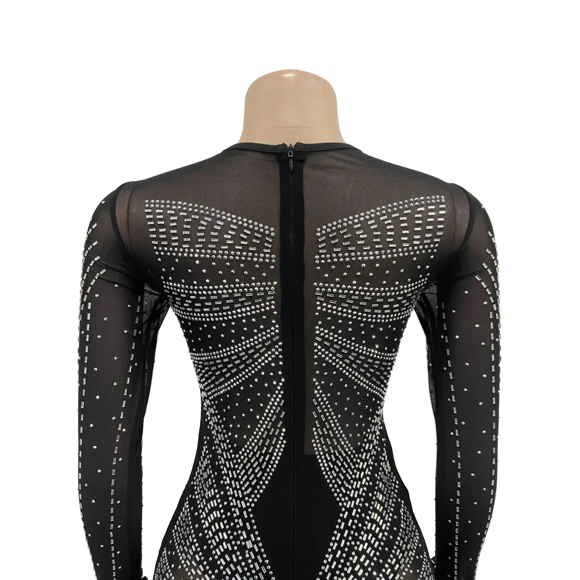 XIZOU Frauen Mesh Patchwork Diamanten Heißer Strass Bodenlangen Bodycon Meerjungfrau Maxi Kleid Sexy Party Abend Vestidos 2024.