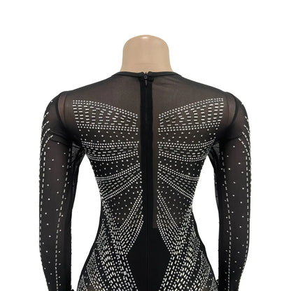 XIZOU Frauen Mesh Patchwork Diamanten Heißer Strass Bodenlangen Bodycon Meerjungfrau Maxi Kleid Sexy Party Abend Vestidos 2024.