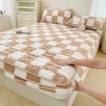 WOSTAR Winter warm coral fleece mattress protector cover fluffy plush plaid print elastic fitted sheet bed protection pad 90x200