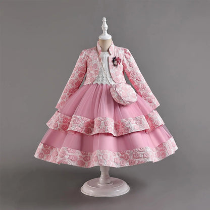 Neues Mädchenkleid, zweiteiliges Set, 3–10 Jahre alt, wunderschönes Weihnachts-Performance-Kleid, Herbst-Party-Abschlussballkleid für Mädchen.