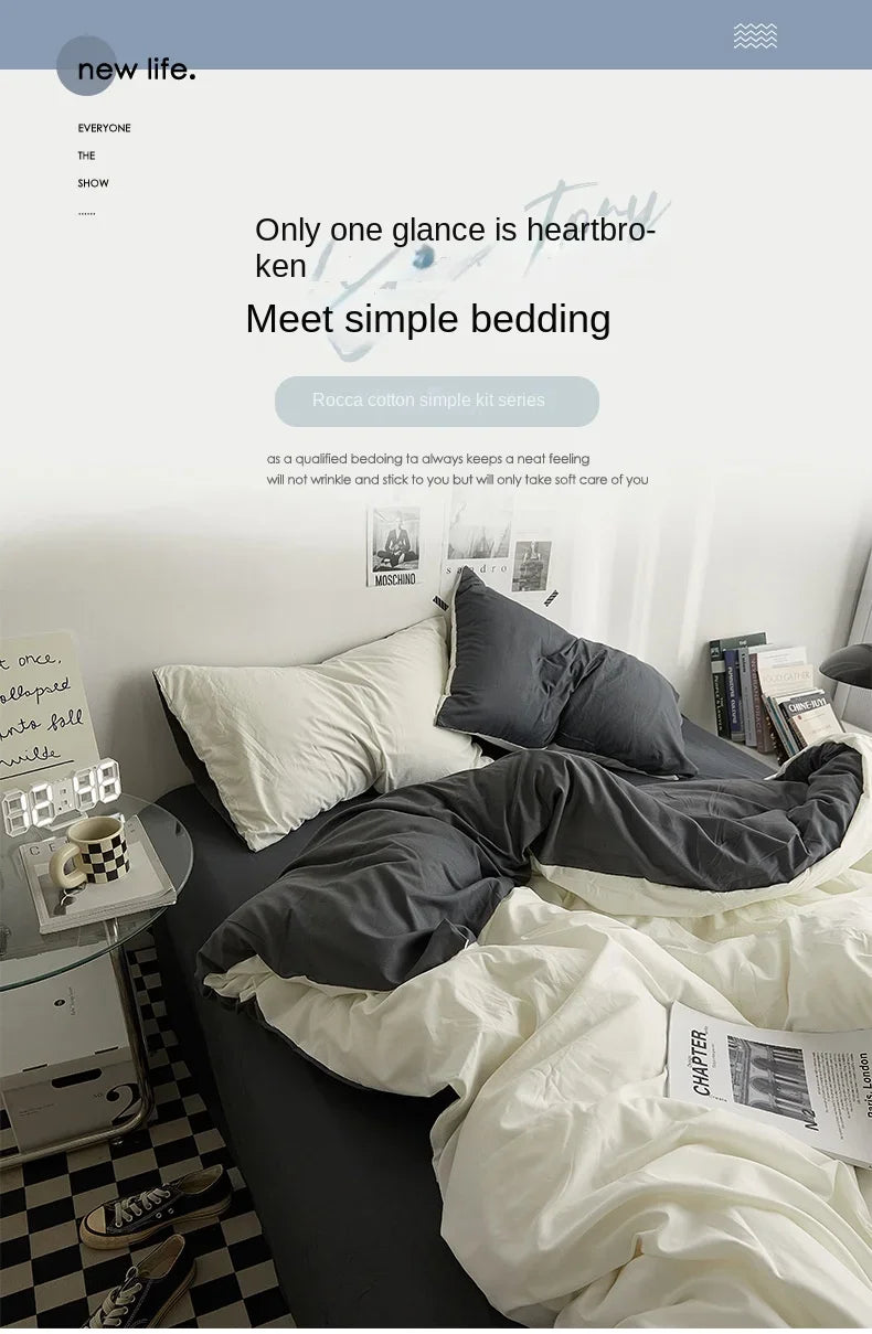 High Quality Solid Color Double Washed Cotton Bedding 4 Pieces Set Student Dormitory Bed Linen Duvet Set Bed Suit.