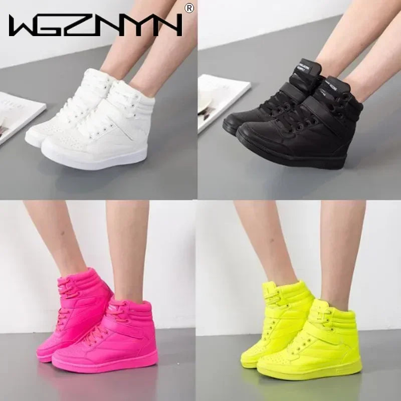 Designer Woman Breathable High Top Black White Boots Women Casual Sport Shoes Platform Hidden Increasing Sneakers Leather Shoe.