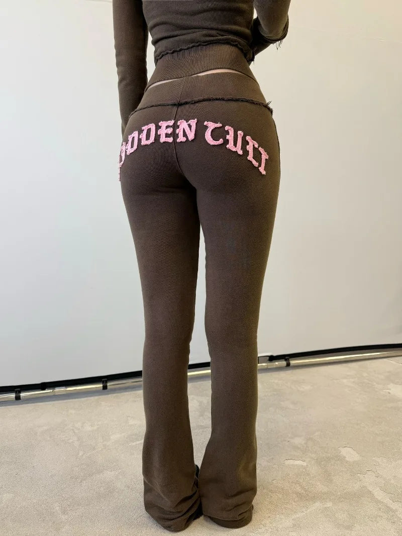 2025 Hip-hop Street Fashion Sports Suit New Letter Embroidery Brown Zipper Hoodie Casual American Loose Straight Pants Women.
