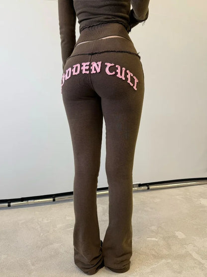 2025 Hip-hop Street Fashion Sports Suit New Letter Embroidery Brown Zipper Hoodie Casual American Loose Straight Pants Women.