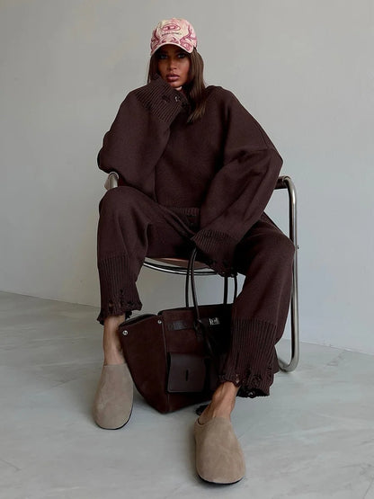 Bornladies Autumn Winter Women's New Turtleneck Knit Sweater Skinny Knit Pants Set Soft Oversized Ripped Hem Fashion Pullover