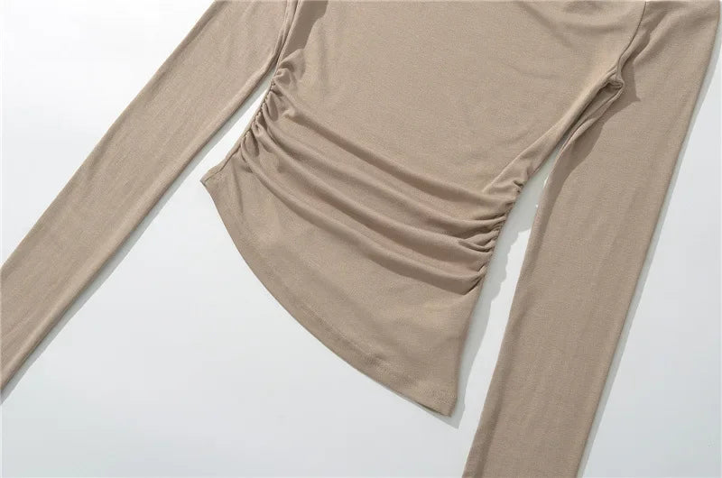 Slim Fit Long Sleeve T-Shirt Irregular Hem Slant Collar Pleated Pure Desirable Sexy Top for Women Fashionable Autumn New Style.