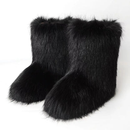 Y2K Fluffy Mid-calf Boots Winter Women Fashion Snow Boots Warm Cotton Shoes.