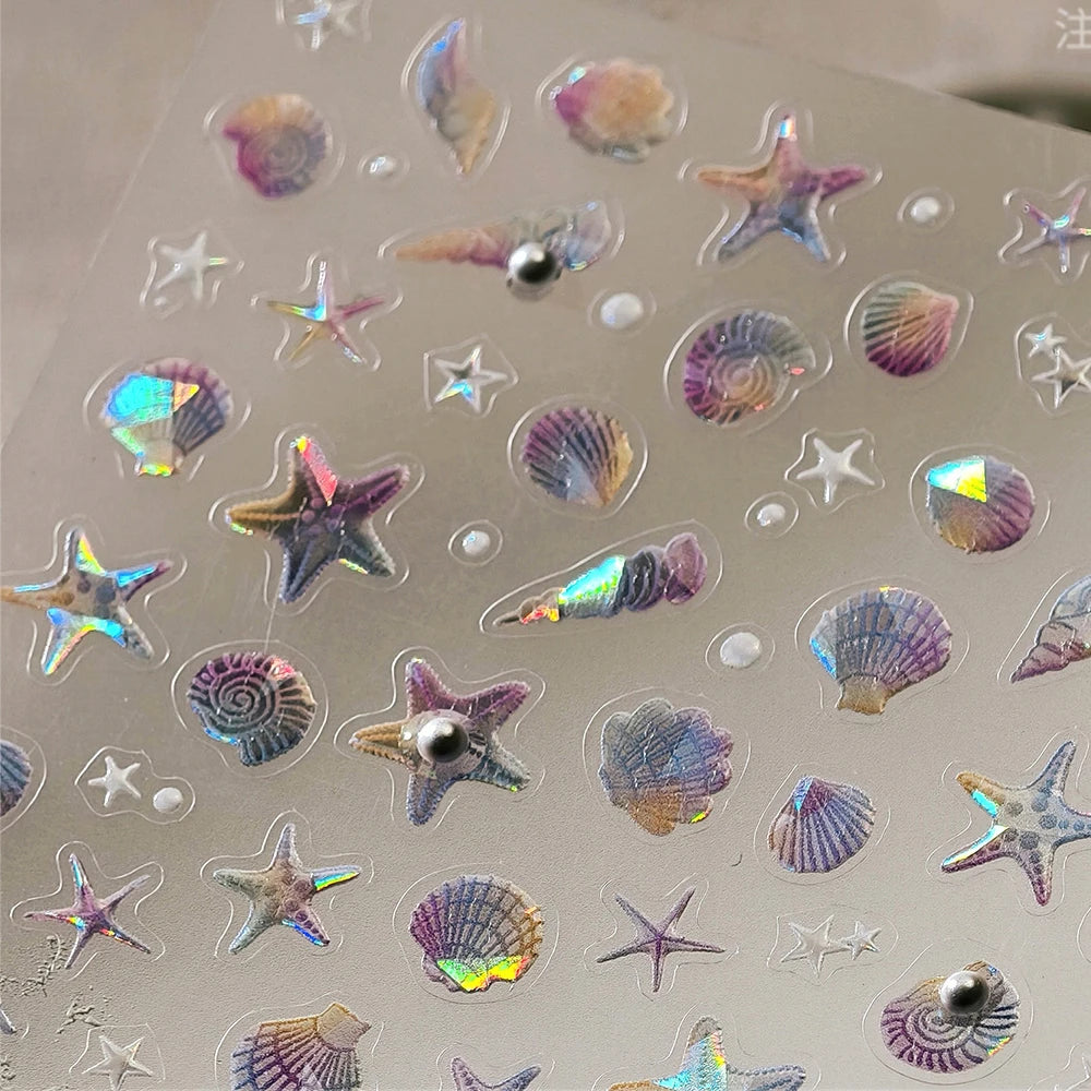 Ocean Theme 5D Nail Sticker Summer Beach Seashells Starfish Conch Scallop Shell Coral Self Adhesive Decoration Manicure Decal.