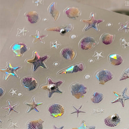 Ocean Theme 5D Nail Sticker Summer Beach Seashells Starfish Conch Scallop Shell Coral Self Adhesive Decoration Manicure Decal.