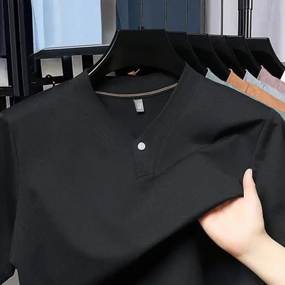 Men's T-shirt Classic V-Neck Short Sleeved Cotton Solid Button Super Soft High Quality L-4XL Casual Tshirt Design Men Tee Shirts.