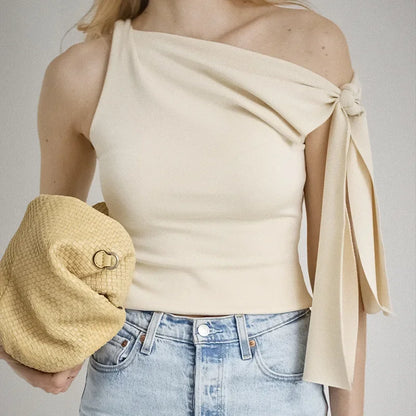 Sexy Asymmetrical Shoulder T-Shirt Women's Versatile Strapless Top Summer New Arrival Polyester Fiber One-Shoulder Sleeveless.