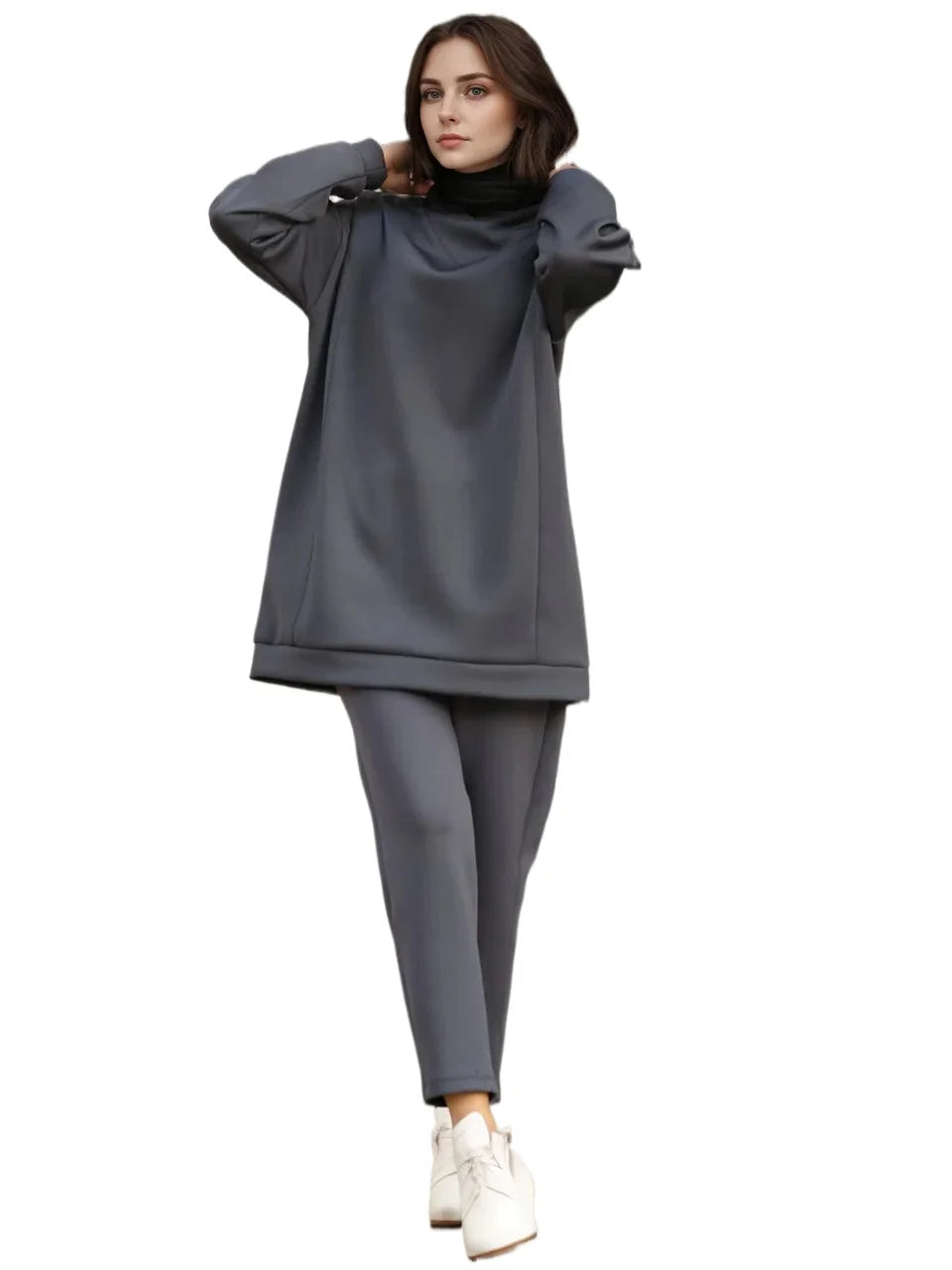 Spring Autumn Women Muslim Sets Long Tops and Pants Turkey Outfit 2 Pieces Set Adult Eid Al-Adha Casual Young Girls Sport Set.