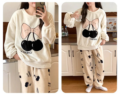 Thickened Warm Sleepwear for Winter Cartoon Flannel Pajamas Homewear Women Velvet Coral Velvet Cartoon Bear Nightwear Loungewear.