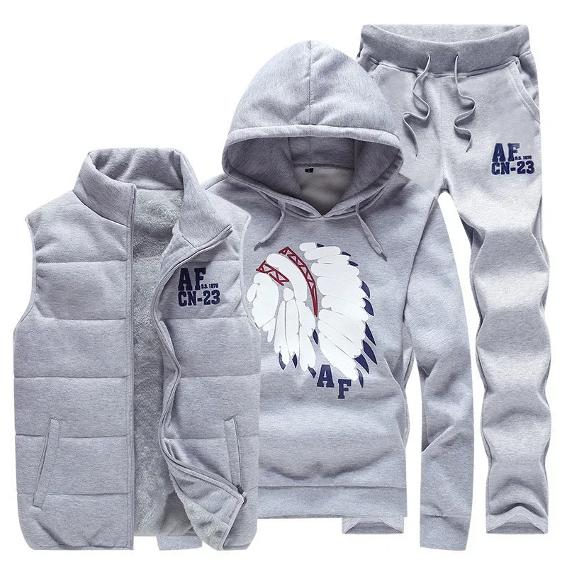 3 Pieces Set Hoodies+Vest+Pants Casual Men's Track Suit Clothing Coats Winter Thick Warm Tracksuit for Men Printed Mens Set Vest.