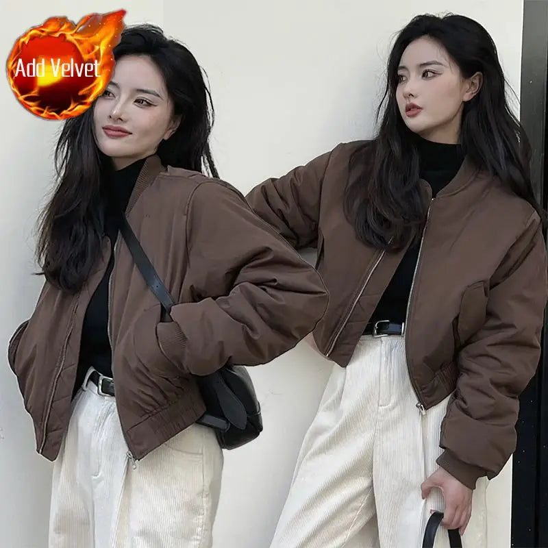 Damen-Bomberjacken, locker, einfarbig, kurz, Winter, braun, für Damen, Baseball-Fliegermäntel, günstige Angebote, neue Produkte, hübscher, schicker Luxus.