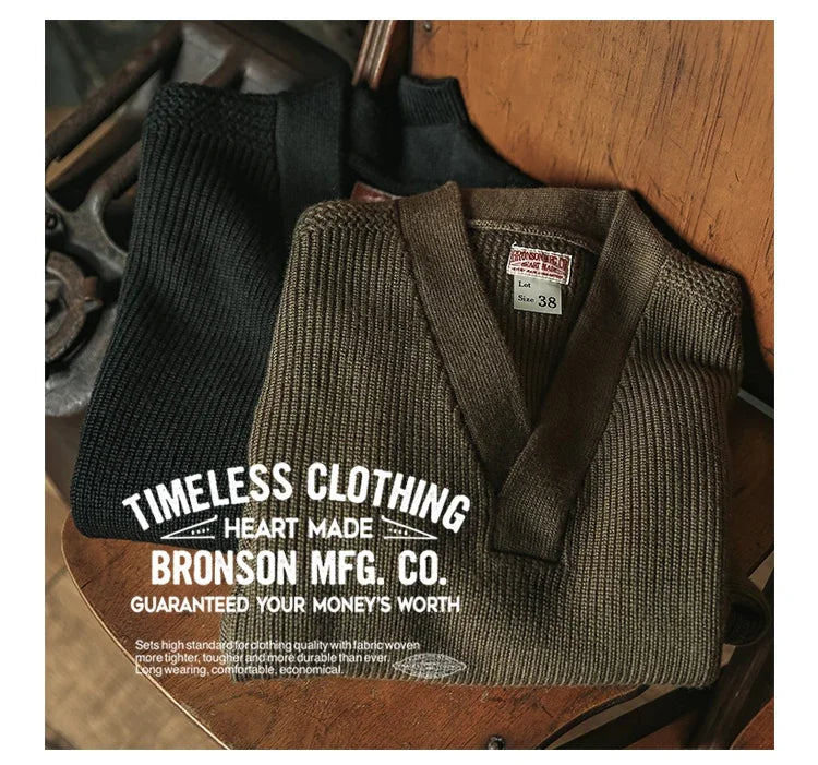 Bronson WWII USAAF Type A-1 Mechanic Sweater Men Heavyweight V-Neck Knit Jumper.