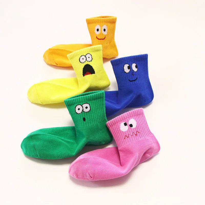 5 Pairs Kids Socks Cute Funny Face Emoticons Pattern Comfortable Breathable Boys Girls Socks.